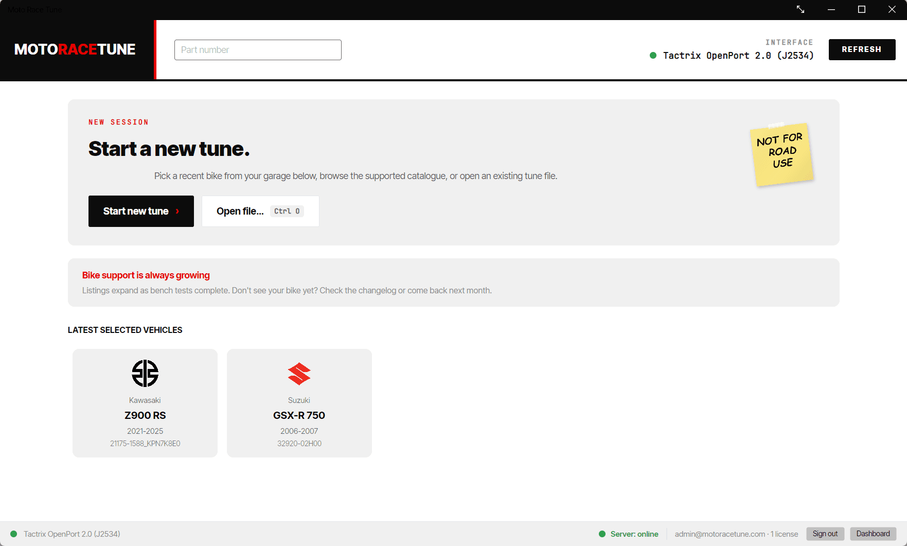 MotoRaceTune desktop app — home screen with start-new-tune card and recent bikes