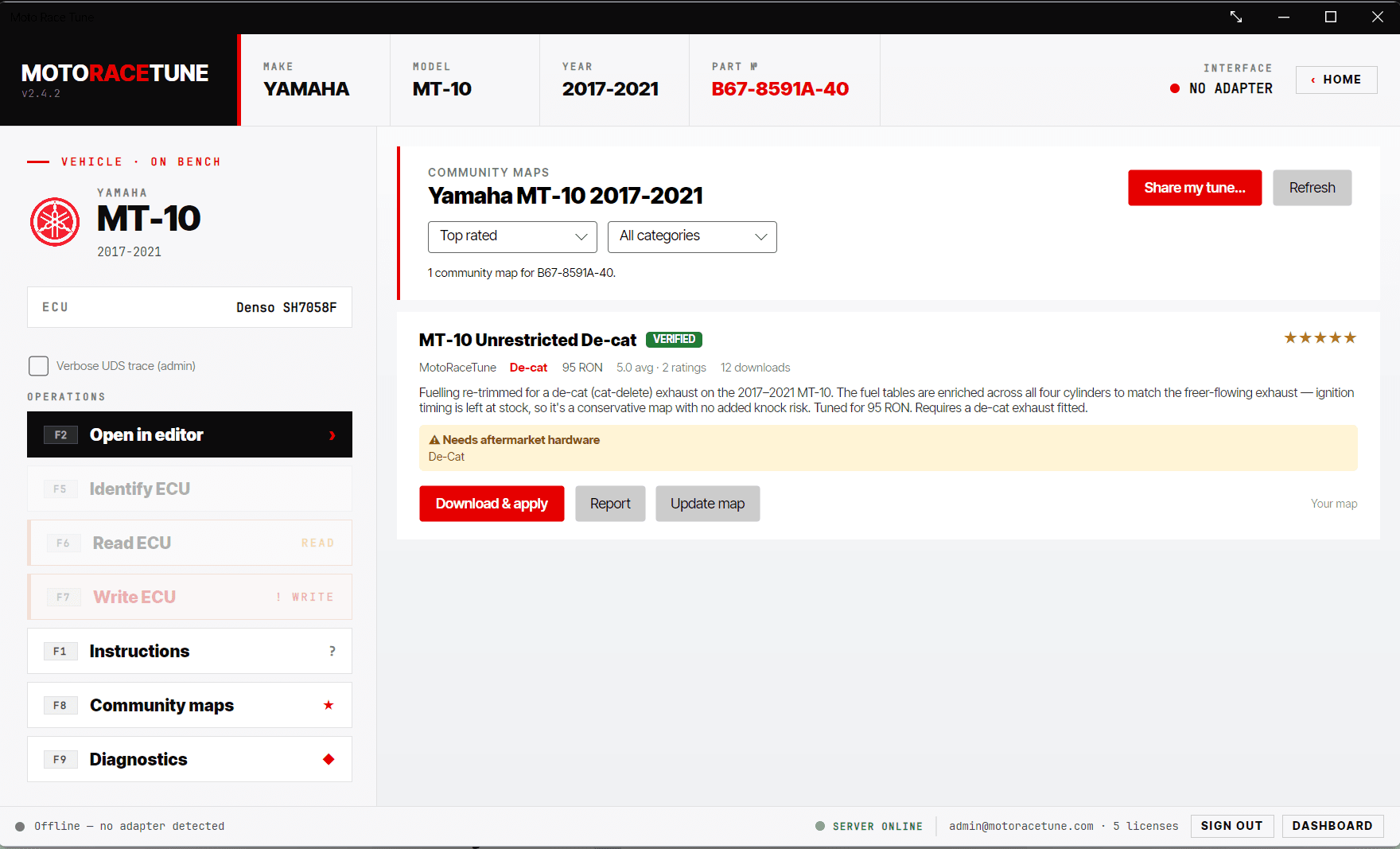 The Community maps browser with a shared, ready-to-use MT-10 tune