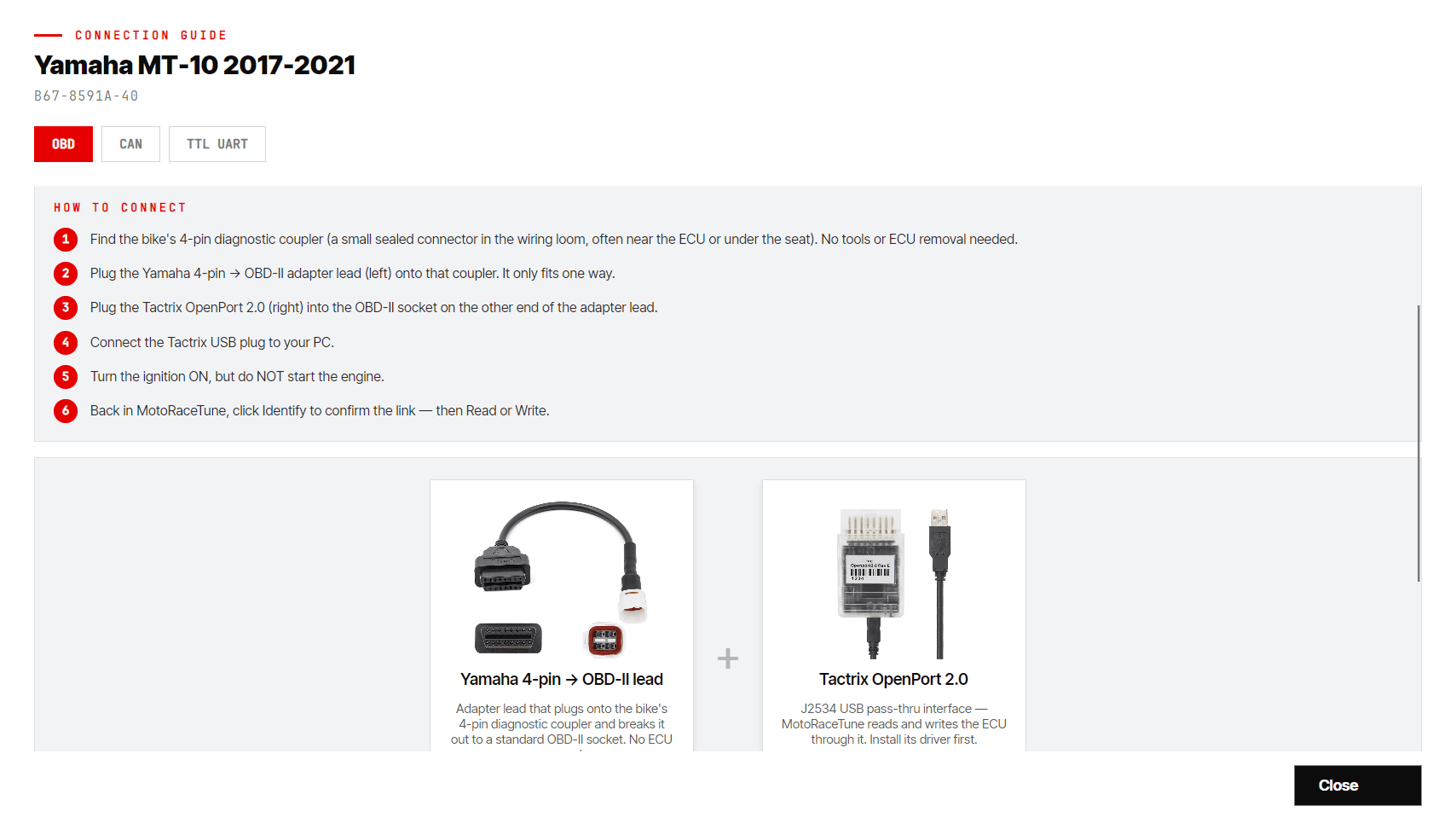 The in-app Connection guide showing cable, wiring and pinout