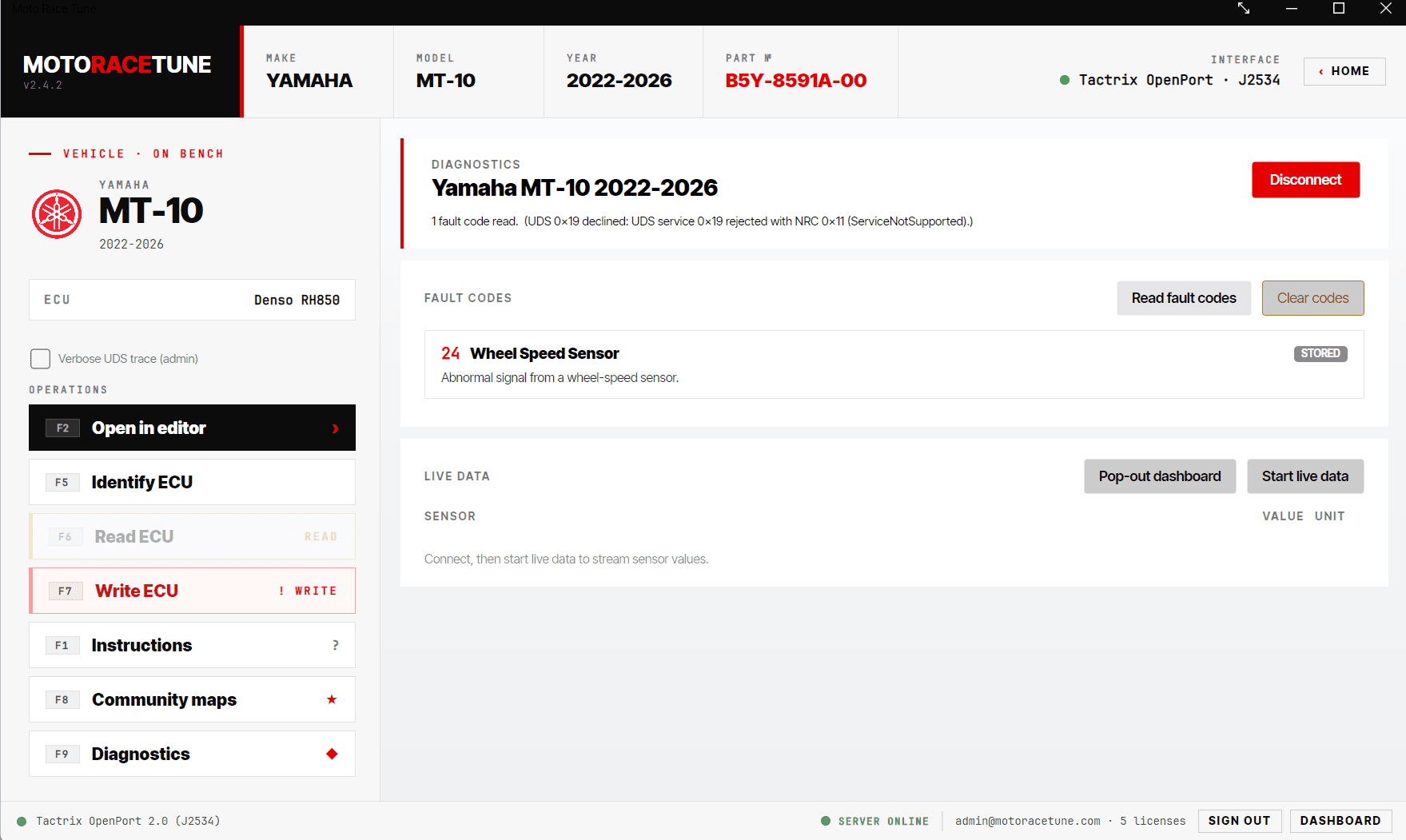 The Diagnostics panel showing fault codes and live data